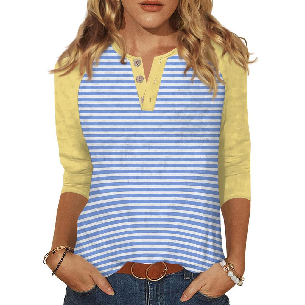 Damen T-Shirt mit Aufdruck, Knopfleiste, 3/4-Ärmel, für den Alltag, Wochenendmode, Basic, V-Ausschnitt, normales Oberteil