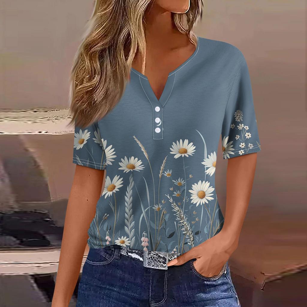 Women's T Shirt Tee Print Button Short Sleeve Daily Weekend Fashion Basic V- Neck Regular Top Summer
