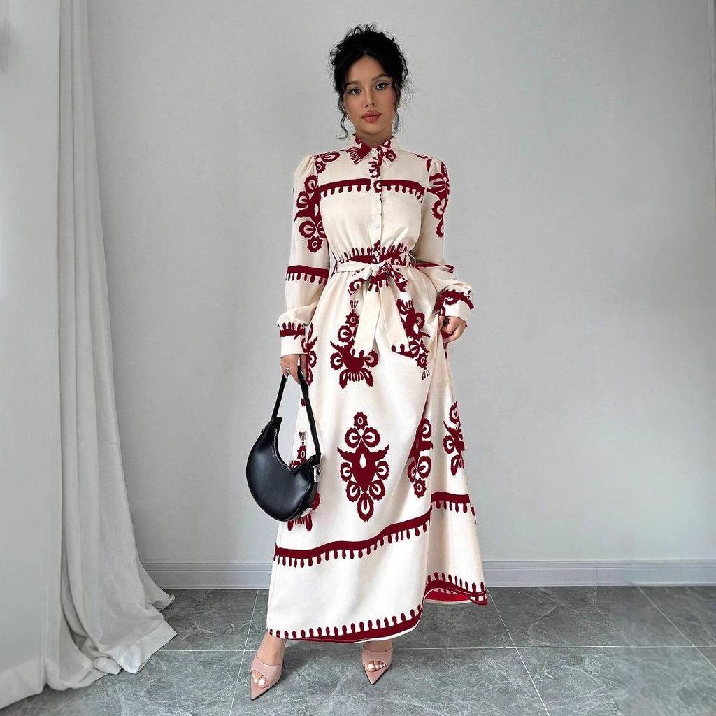 2025 Autumn/Winter European & American Print Lace-Up Long Sleeve Dress