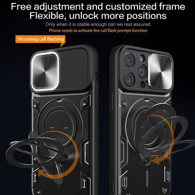 For iPhone 15 Pro Slide Camera Lid PC+TPU Back Cover Rotation Kickstand Phone Case