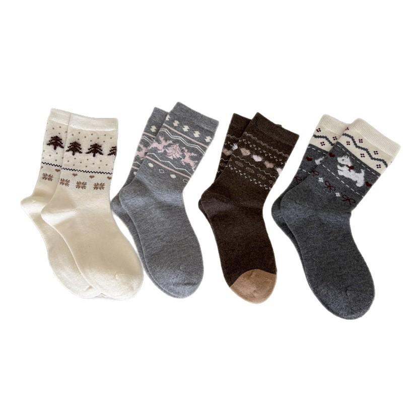 Women's Color-blocking Retro Mid-calf Wool Socks for Autumn and Winter, and Warm Cashmere Pile Socks for Winter