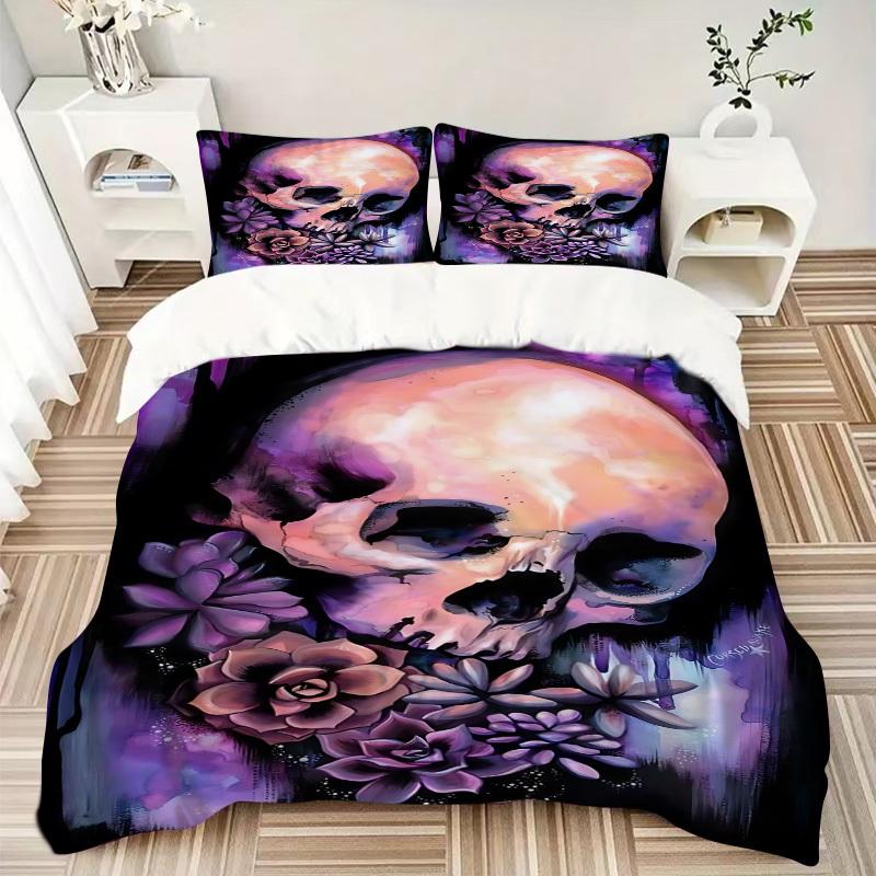 3pcs Skull Flowers Duvet Cover Set, Cover For Bedroom Guest Room (1 Duvet Cover + 2 Pillowcase, Without Quilt),  yy250922193