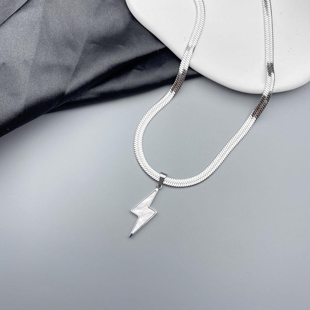 Unisex Silver White Lightning Pendant with Mother-of-Pearl On Snake Bone Chain Necklace