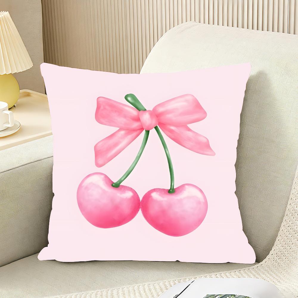 Pink Bow Cherry Cushion Cover Reversible Plush Pillow Cover For Car Sofa Bedroom Decorative Gift Pillowcase