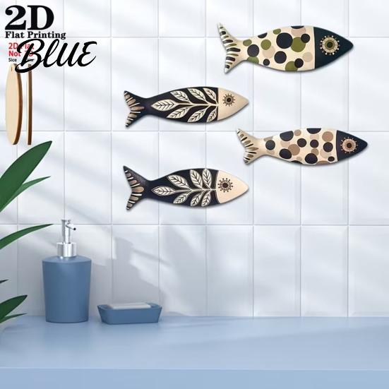 Fish Wall Decoration Vintage UV Decor Farmhouse Rustic 4Pcs Wooden Ocean Art Printed Art Beach Nautical Coastal Theme Decor