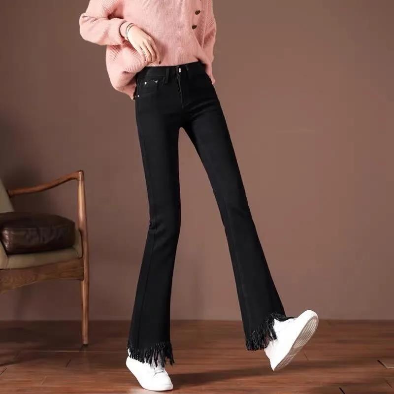 Damen Mikrohose Hose Hohe Taille Frühling und Herbst Übergröße Stretchjeans Neunpunkt Drapierung Schlaghose