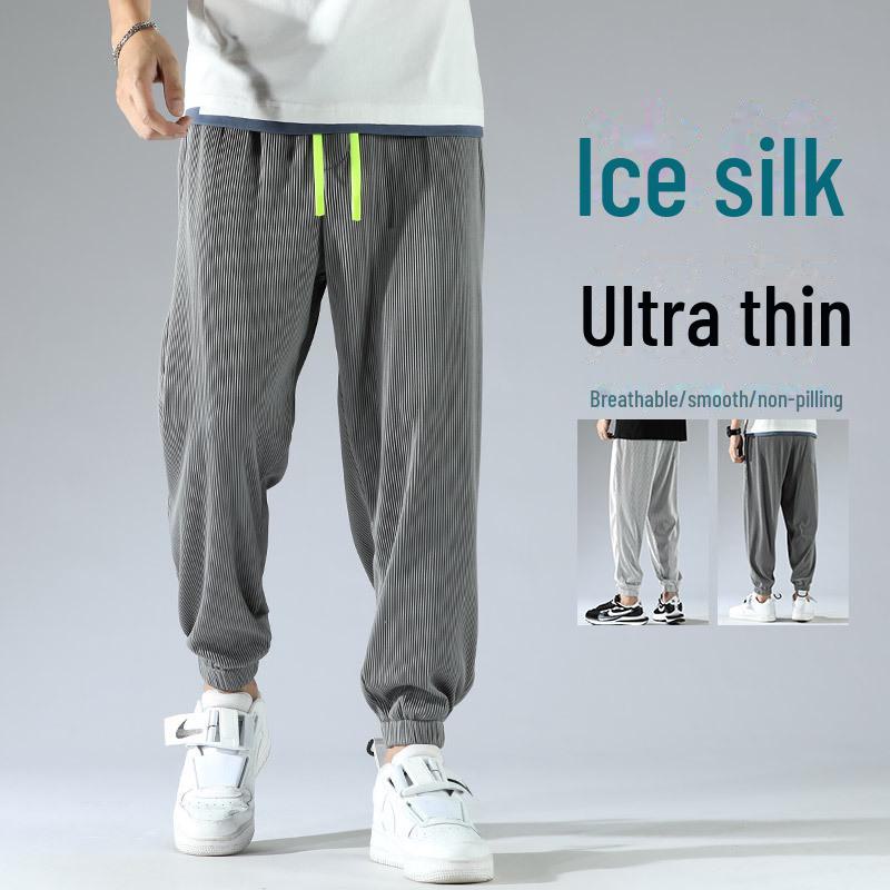 

Men s Summer Striped Ice Silk Loose-Fit Tapered Wide-Leg Casual Pants 3XL [140-155 lbs]