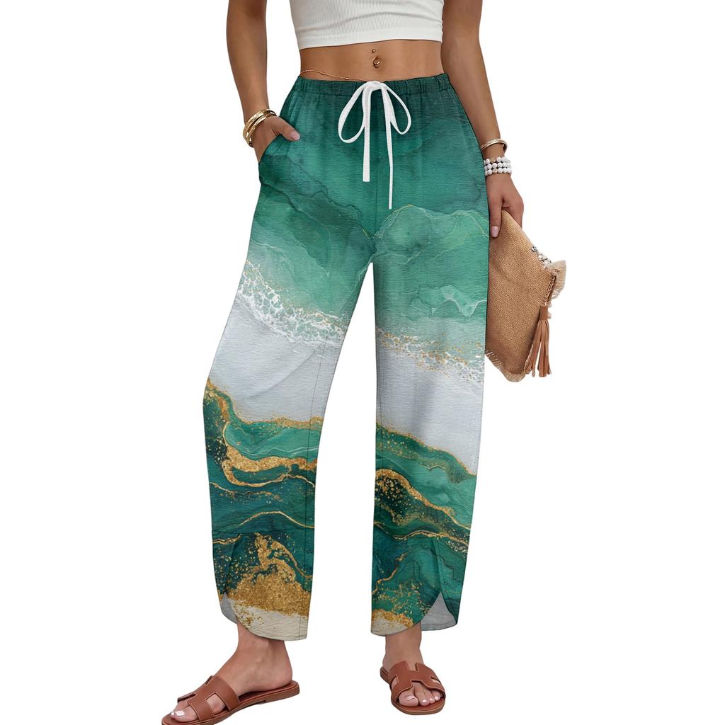 Women Casual Wide Leg Pants Marble Print Loose Fit Drawstring Waist Straight Leg Trousers Comfortable Lightweight Fabric