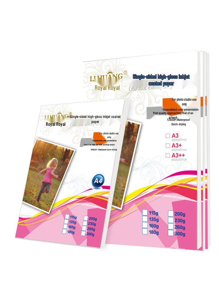 Li Huang A4 High-Gloss Photo Paper: 115g, 160g, 180g, and 200g, Single-sided Coated for Color Inkjet or Dye Printing.