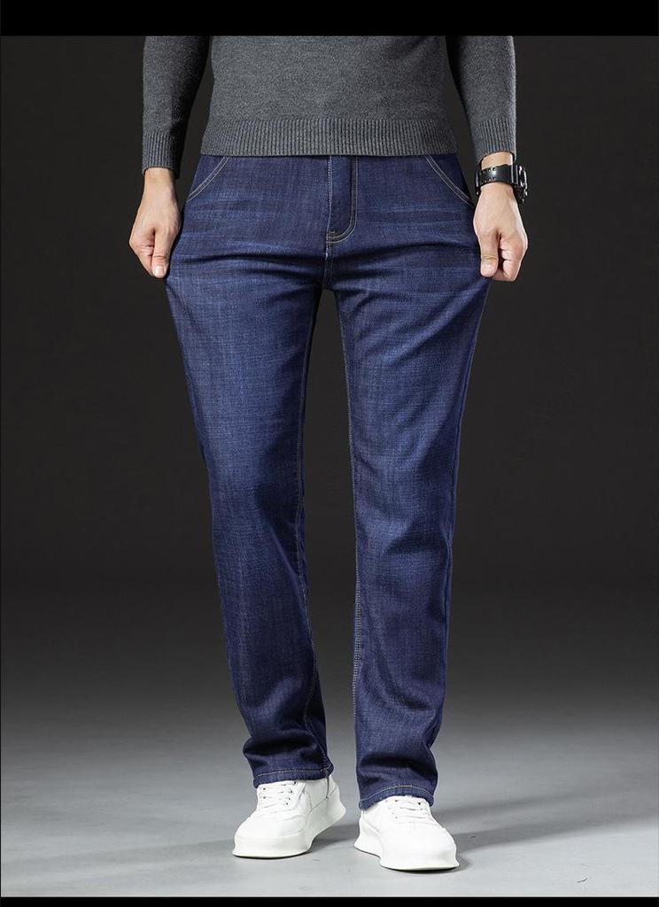 Men's Thick Velvet-Lined Stretch Denim Jeans, Loose Fit, Straight Leg, 2023 New Style, Autumn/Winter Warmth.