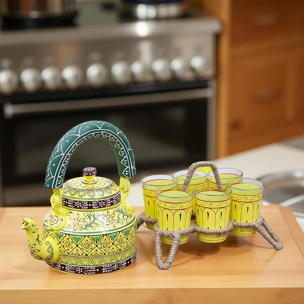 Handcrafted & Handpainted Multicoloured Aluminium Tea Kettle Pot and 6 Glasses with Stand (Yellow, Green, Brown)