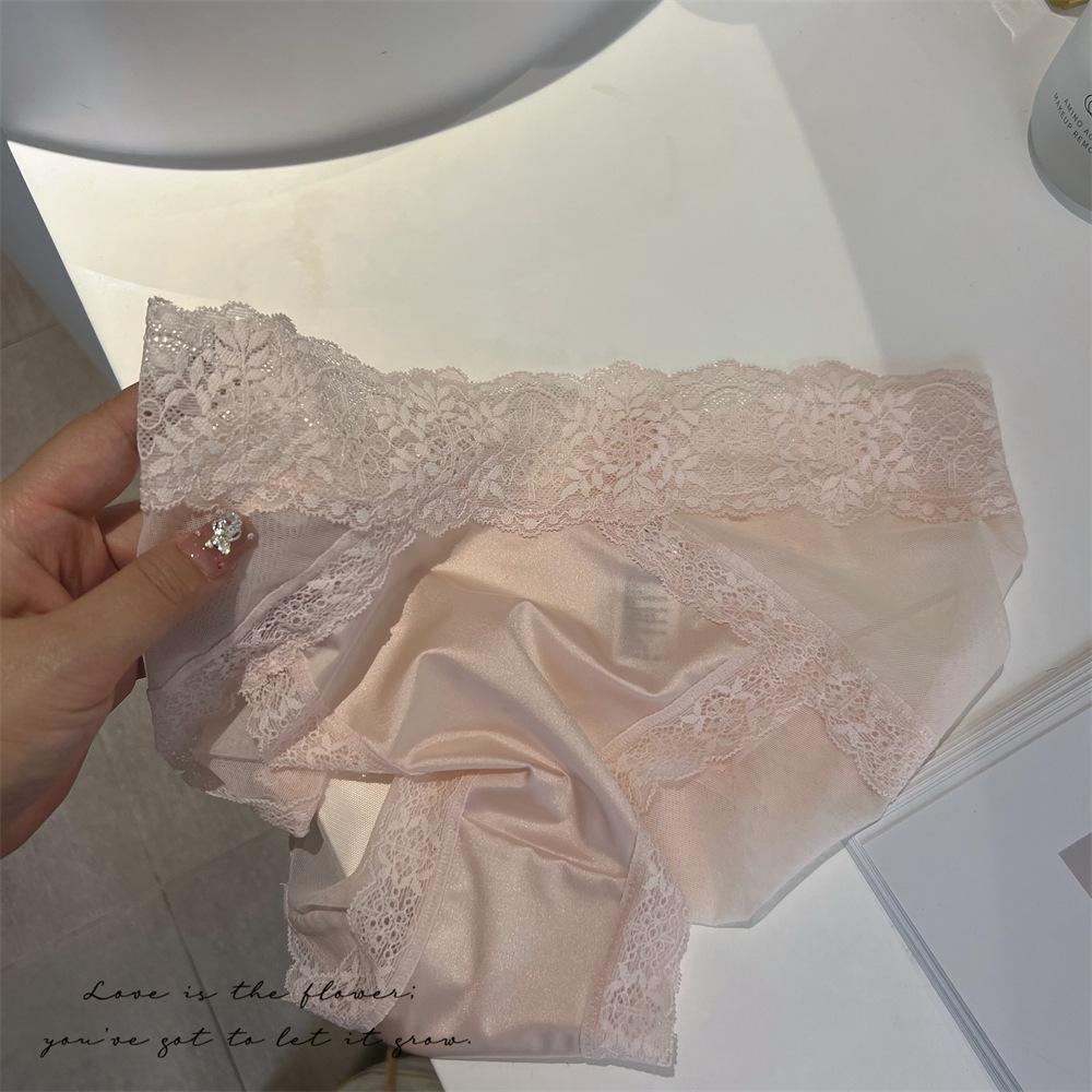 Women's High-End French Lace Satin Mid-Rise Mesh Panties with Pure Cotton Crotch