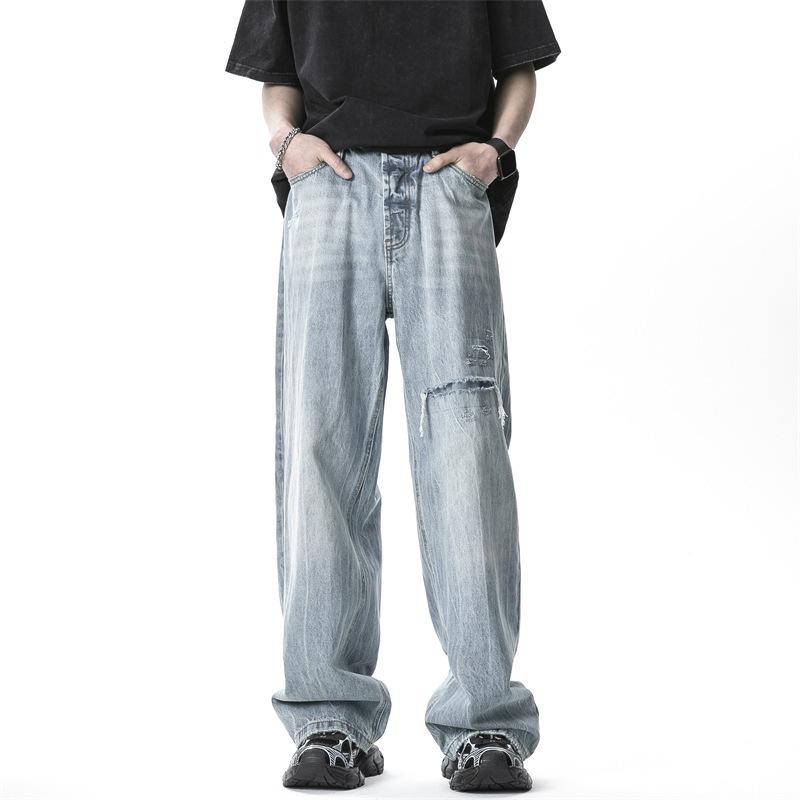 Джинсы JYL Мужские Прямые Стиранные Рваные Винтажные Американский Хай-Стрит Свободные Повседневные Денимовые XXL