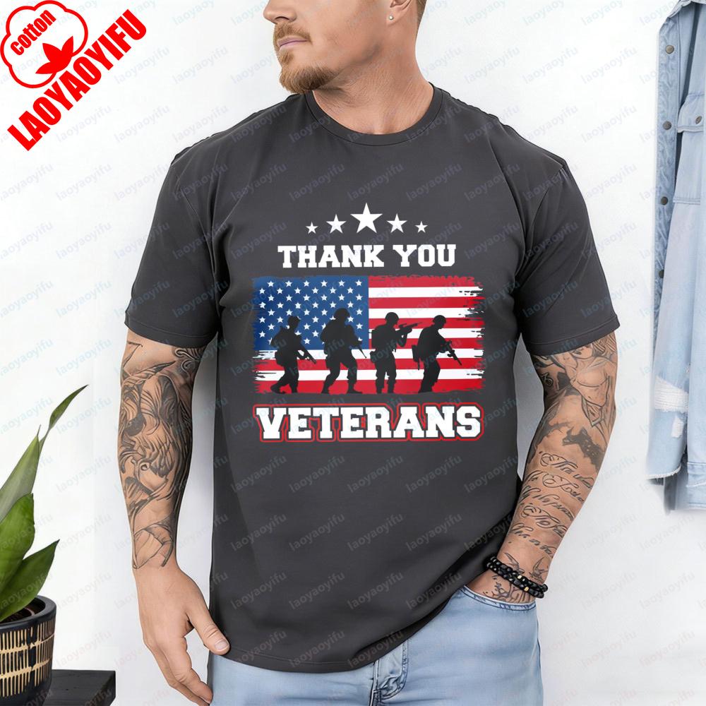 Thank You Veterans Tops America Flag Soldier Silhouette Patriotic Casual Cotton Tee Trend Retro Independence Day T Shirt for Men