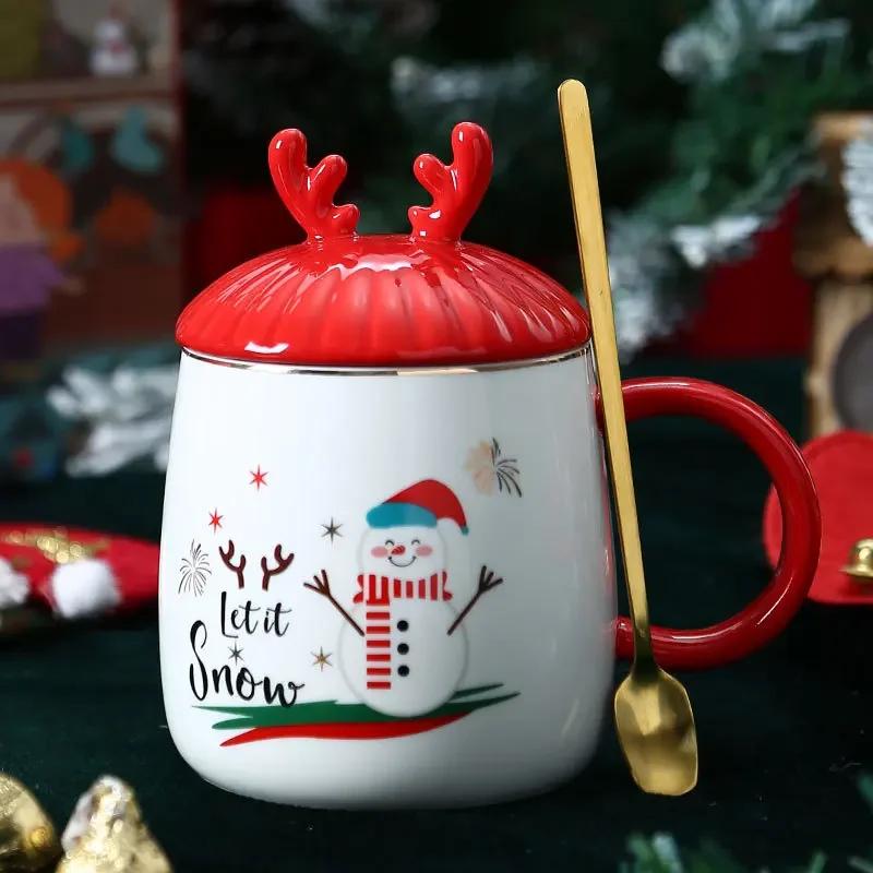 

Christmas Reindeer Ceramic Mug with Lid and Spoon, Holiday Cartoon Snowman Coffee Cup, Cute Gift for Friends and Family 301-400ml