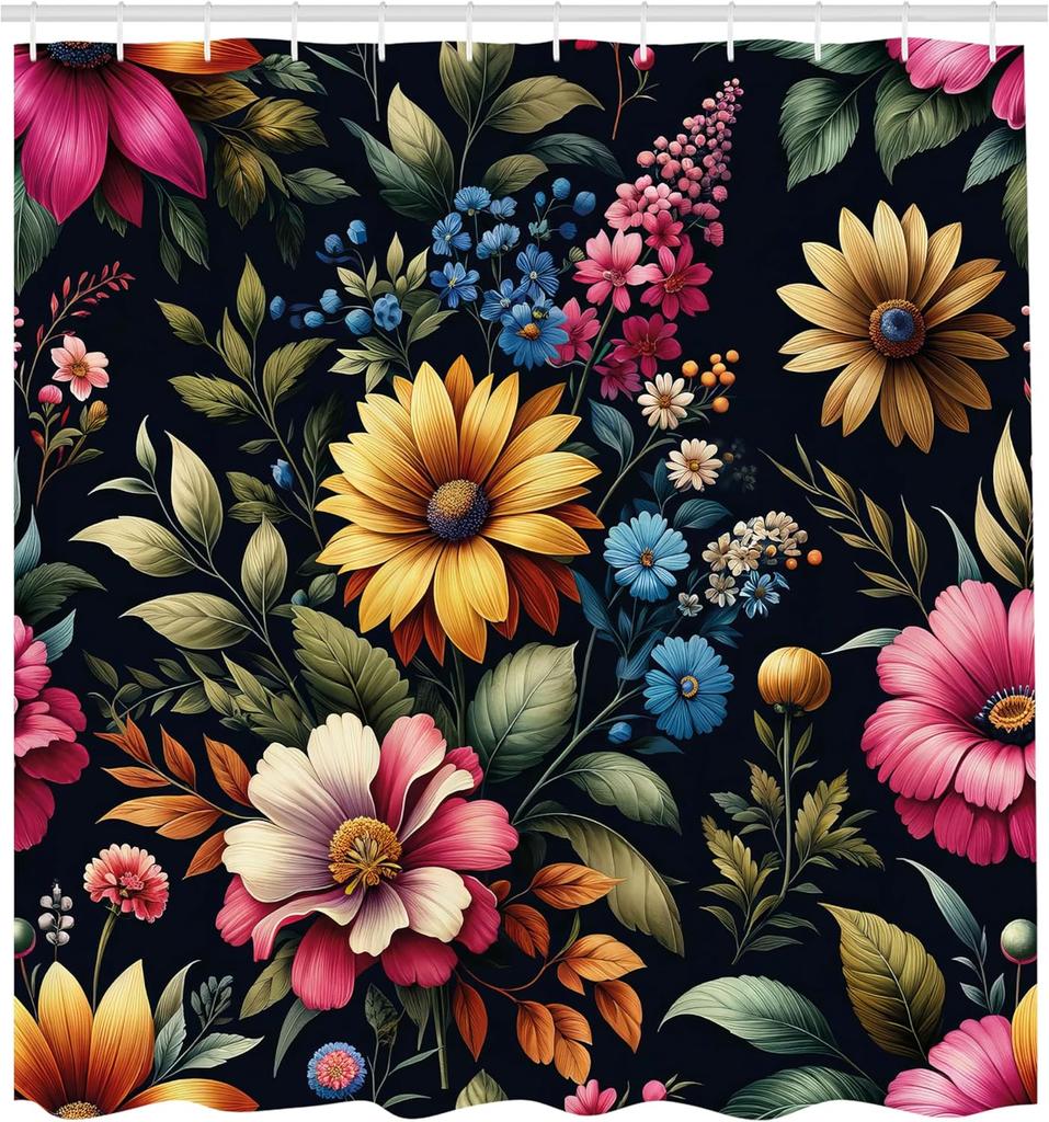 Vintage Shower Curtain, Colorful Art of Spring Flowers and Leaves Dreamy Atmosphere Jungle, Cloth Fabric Bathroom Deco