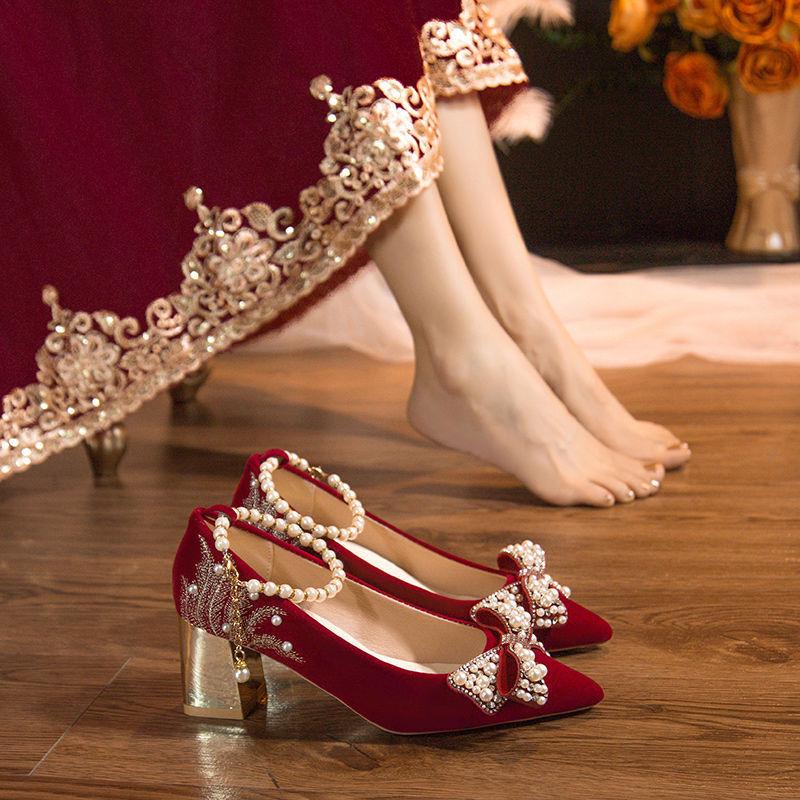 Pantofi de Nuntă Xiuhe cu Toc Înalt din Piele Suede Burgundy pentru Mirese și Femei Gravide