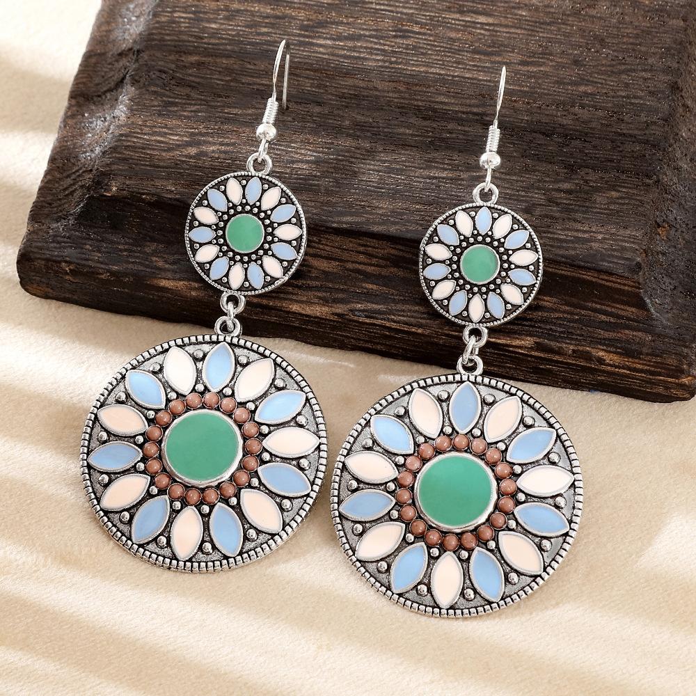 Enamel Flower Round Drop Earrings Ethnic Vintage Earrings for Women Versatile Personality Daily Vacation Wearing Jewelry