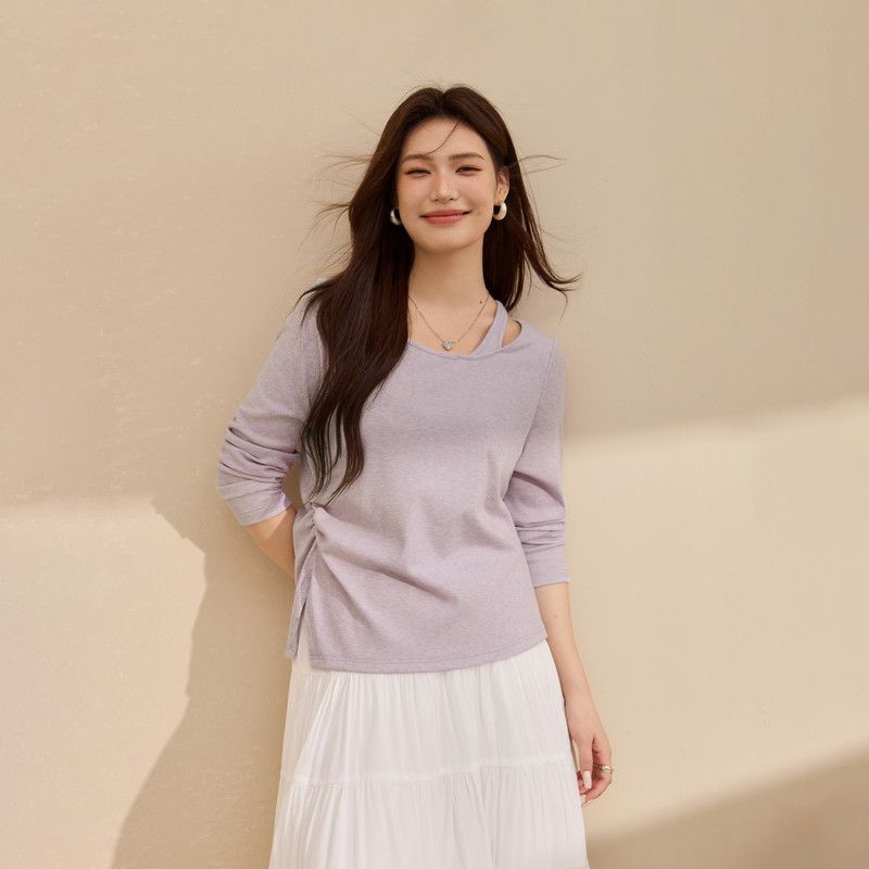 

[Design-Inspired Hollow-Out Knitwear] Xianlixiu Plus-Size Women s Pleated Waist-Cinching Top for Fat Girls, New Spring 2026 Model Light purple XL