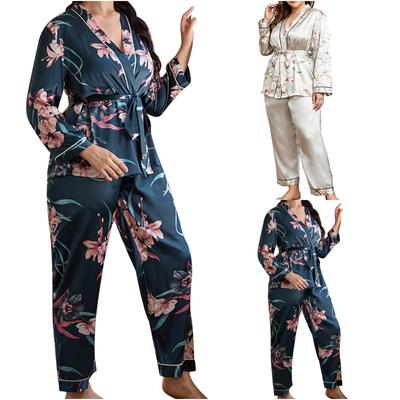 Pijamas femininos de tamanho grande feminino estampa floral cardigan camisola de renda calças de pijama casual solto casa terno feminino pode ser usado fora