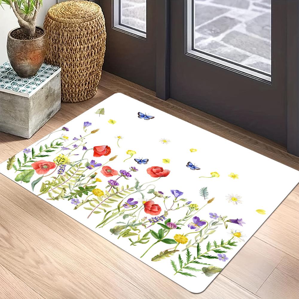 Watercolor Floral Print Doormat Non-Slip Washable Rug Kitchen Floor Mat Home Living Room and Bathroom Decor Carpet