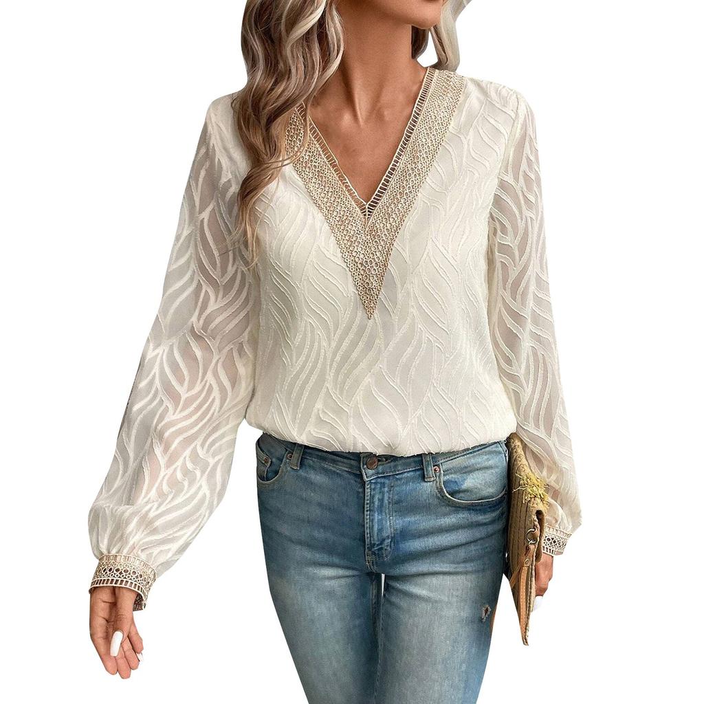 Dámský top s V-výstřihem, krajkový šifonový, módní, elegantní, s dlouhým rukávem, tričko, halenka