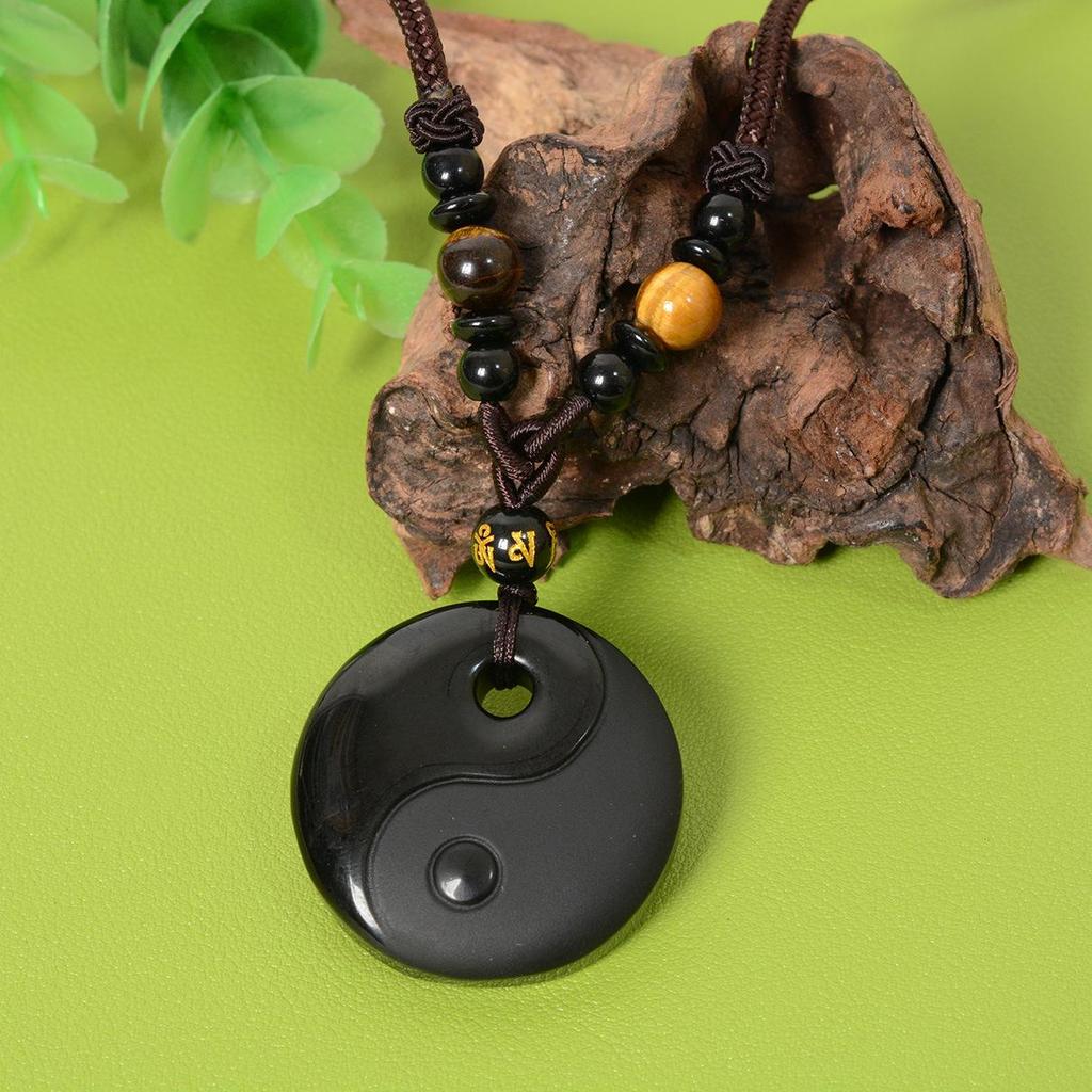 Obsidian Yin Yang Tai Chi Bagua Pendant Necklace