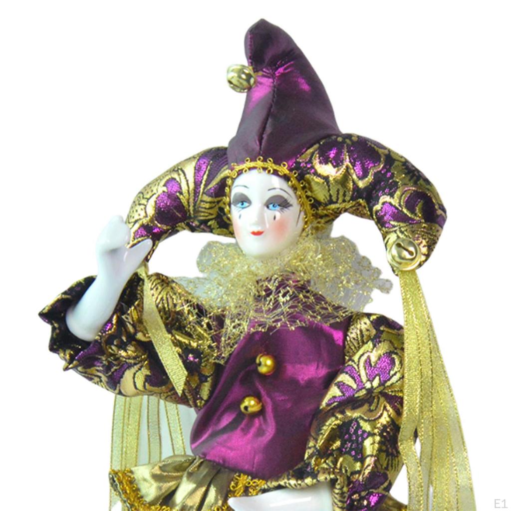 17.72'' Porcelain Clown Doll Figure with Costume, Desk Decor Figurine Harlequin for