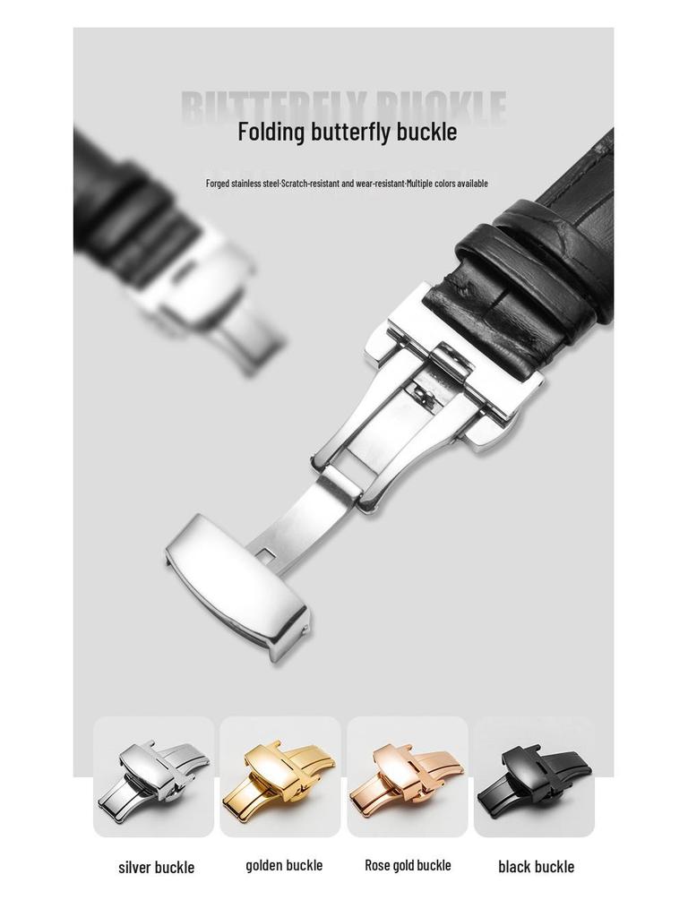 Bamboo Pattern Genuine Leather Watch Strap with Soft Cowhide and Butterfly Buckle for Men and Women