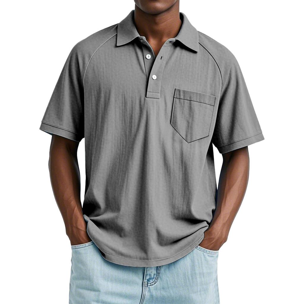 Men's Summer Solid Color Button Pocket Lapel Loose Raglan Short Sleeve Top