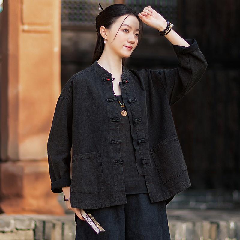 Johnature Women Vintage Shirts Tops Spring Chinese Style Solid Color Stand Long Sleeve Pockets Blouses