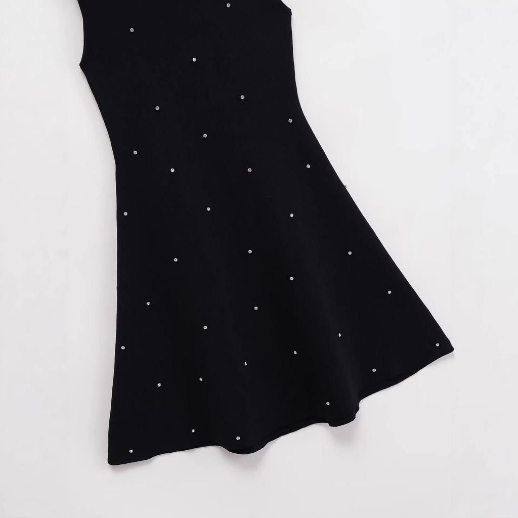 2025 Autumn French Chic Sleeveless Knit Dress with Studs and Rhinestones