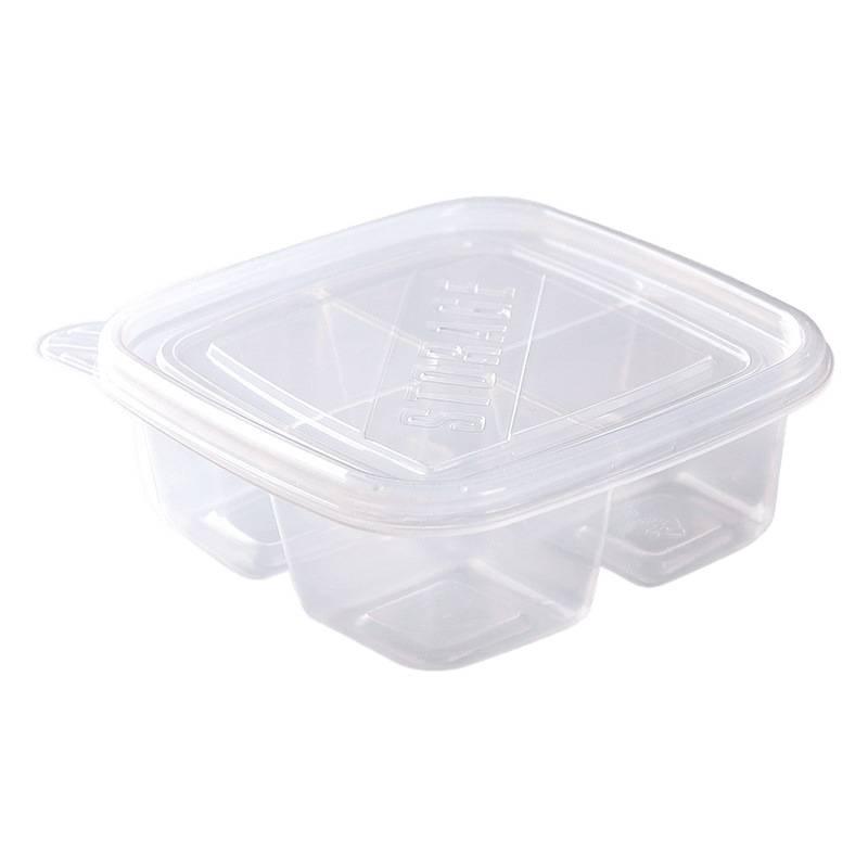 Round Transparent Disposable Fruit Box with Dividers and Lid for Fresh Slices and Salad Platter.