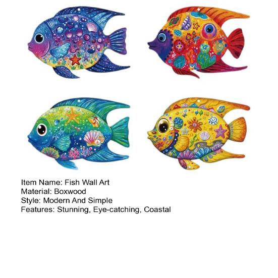 4 Stück Holzfisch Strand Wanddeko Tropenfisch Wandkunst Nautisches Meeresbewohner Küsten Hängende Skulptur für Badezimmer Wohnzimmer Küche
