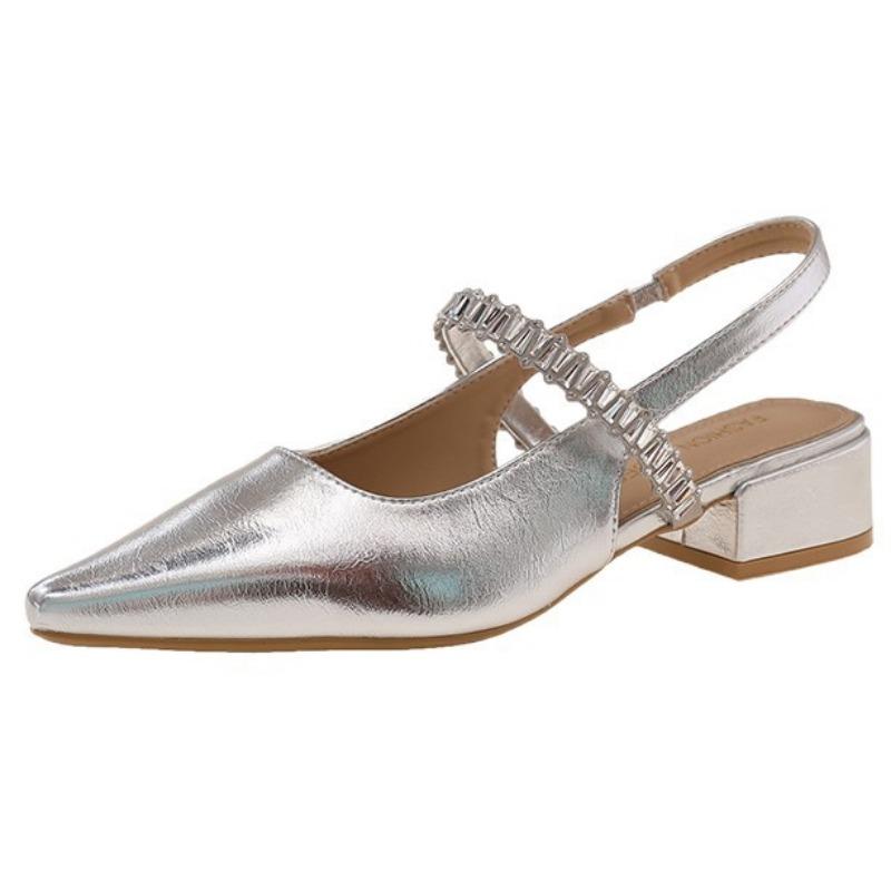 Baotou Rhinestone Word with Sandals Women's Thick Low Heel New Pointed Empty Single Shoes Mary Jane Sandals