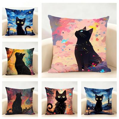 Fashion Casual Starry Sky Art Cats Cozy Cushion Cover Linen Pillowcase Soft  for Sofa Bed Home Room Decor
