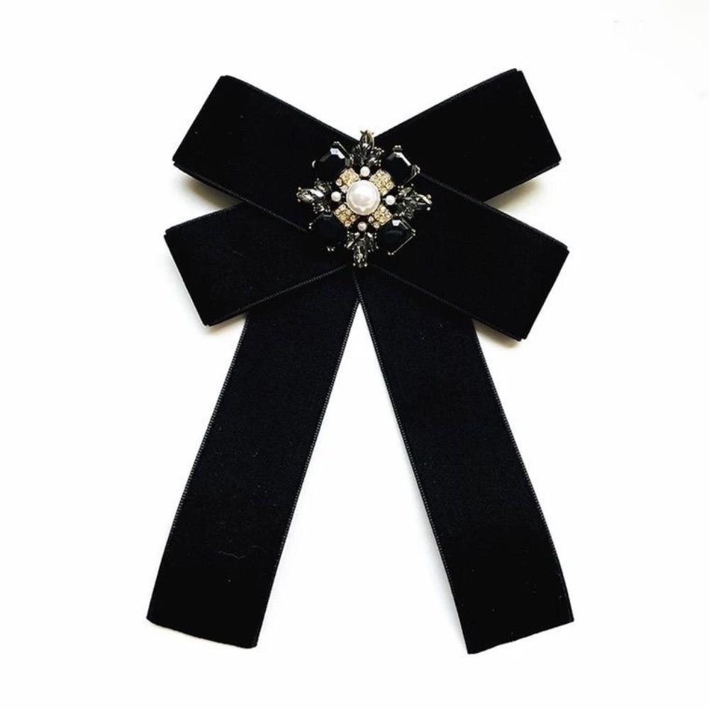 Velvet Memorial Black Bowknot Brooches Crystal Rhinestone Bow Tie Brooches Dress Shirt Accessories