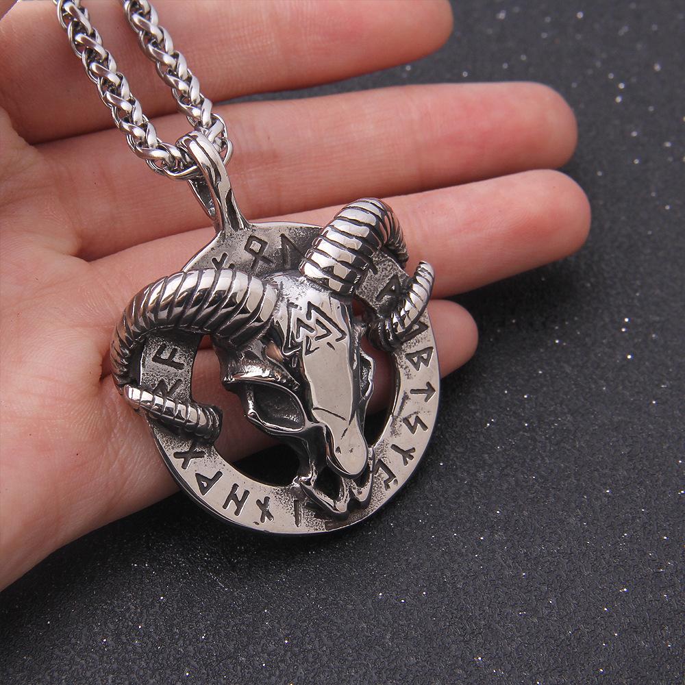 Norse Mythology Men Stainless Steel Nordic Viking Amulet Thor Goat Valknut Pendant Necklace Viking Goat Head Stainless Steel