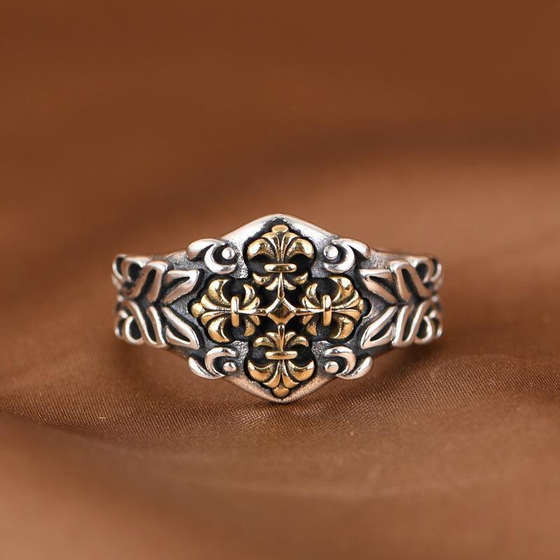 Adjustable Open Ring Men Women Vintage Cross Flower Design Retro Geometric Finger Plated