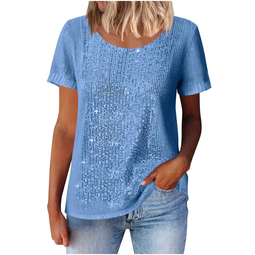 Women Multi Color Round Neck Short Sleeve Glitter Sparkle Casual Top