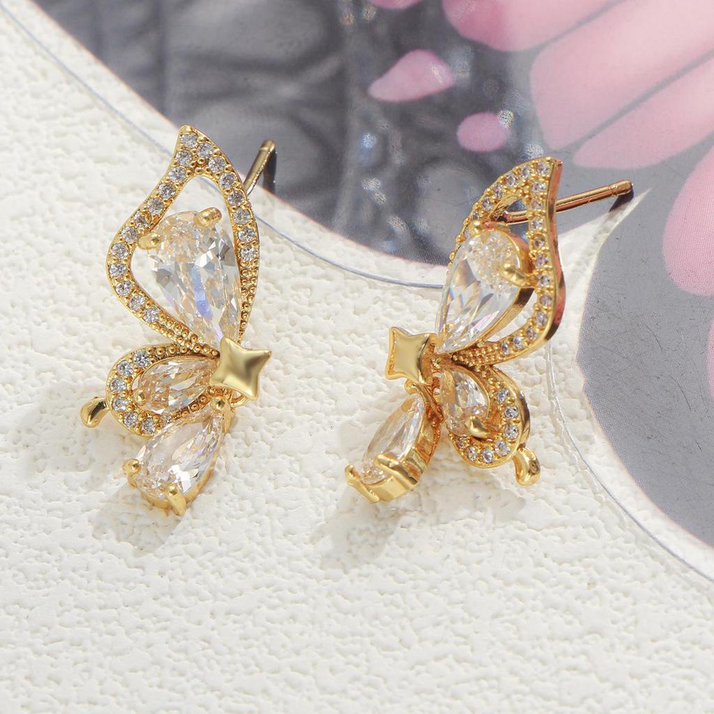 Fairy-like Gold Dangle Earrings with Copper Butterfly and Zircon Water Drop