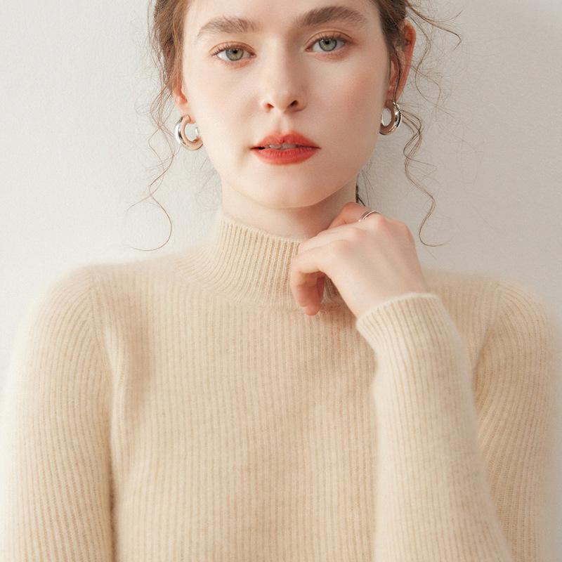 Women's Slim Fit Cashmere Pullover - Half-High Neck Sweater for Autumn and Winter