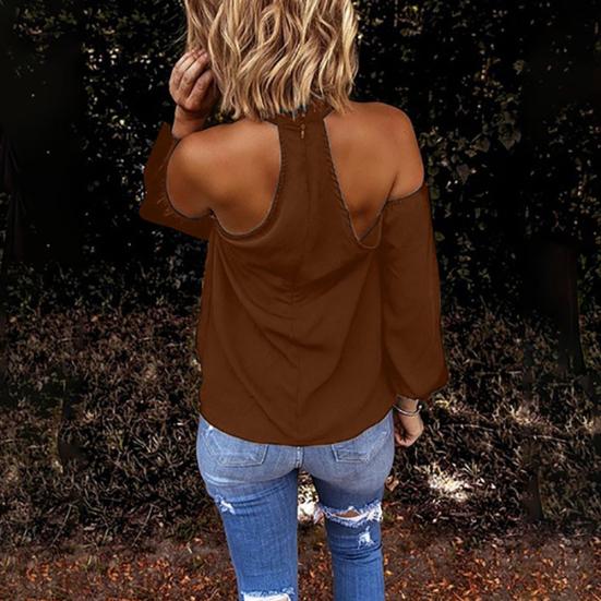 Women Solid Color Long Sleeve Sexy Halter Off Shoulder Back Zipper Blouse Top