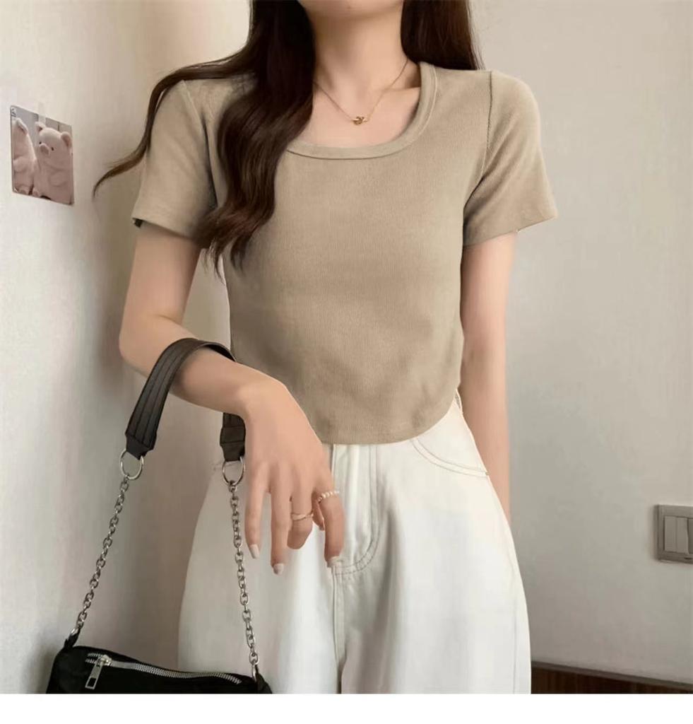 French Square Collar Curved Hem Short-sleeved T-shirt Women's Summer New Solid Color Slim-fitting Versatile Niche Top Tide