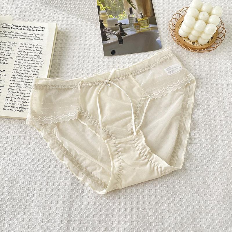 Girls White Lace Mesh Sexy Bow Waist Pure Wind Pure Cotton Crotch Briefs Underwear