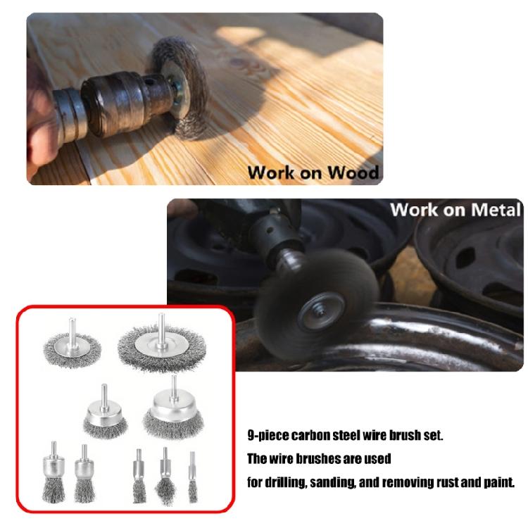 Versatilitys Drill Mounted Wire Brushes 9PCS Carbon Steel Construction For Efficient Rust Paint Debris Removal Tool