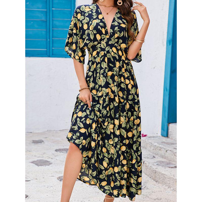 Seaside Style Summer New Bohemian Deep V-neck Rayon Printing Batwing Sleeve Waist Hugging Dress Vacation Skirt