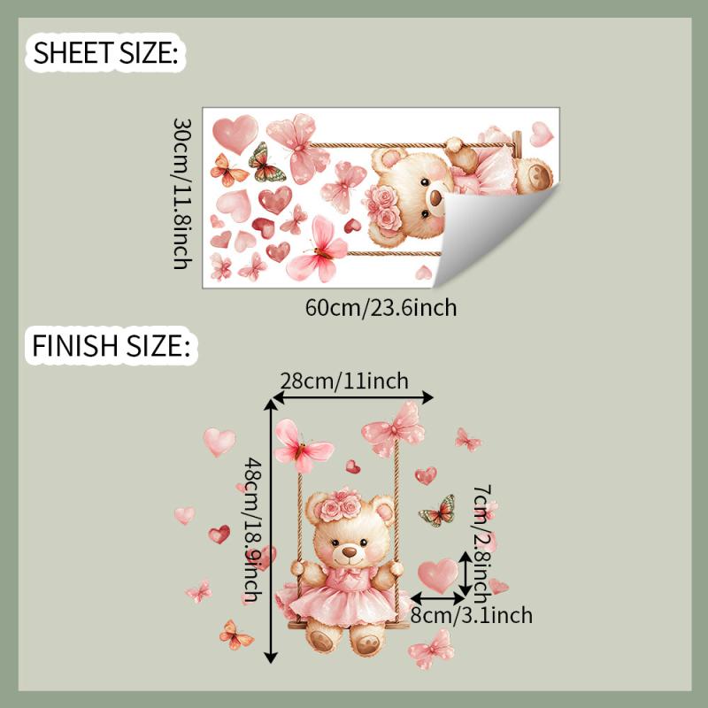 Cartoon Bear Swing Butterfly Wall Stickers Child Room Background Decoration Self-Adhesive Decals