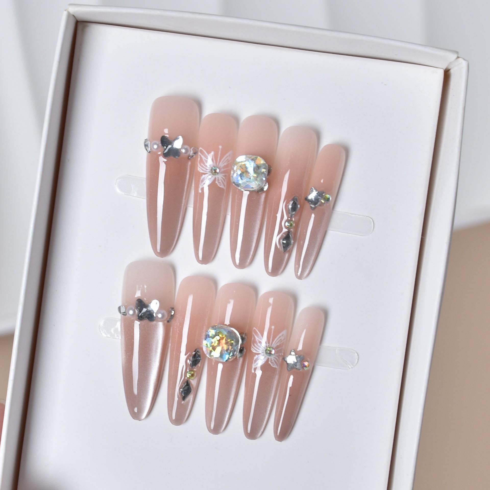 High-Grade Pink Cat Eye Butterfly Nail Art Tips – Handmade, Dazzling False Nails