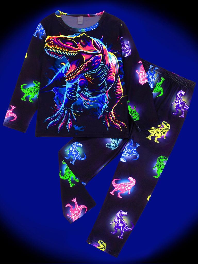 Flame-Retardant Milk Silk Kids' Dinosaur Pajama Set - Green Fluorescent, Long Sleeve & Pants
